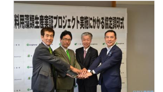 4者協力でミドリムシ培養プールの成果を誓い合う関係者