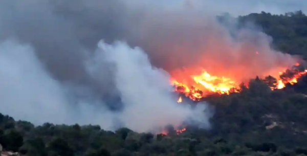 燃え広がるスペインでの山火事