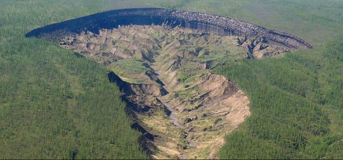 永久凍土の融解で突然沈んだ森林。シベリアの各地にある