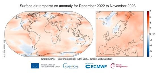 昨年12月から今年11月までの1年間の世界各地の気温の変化(多くが薄赤色=気温上昇を示している)