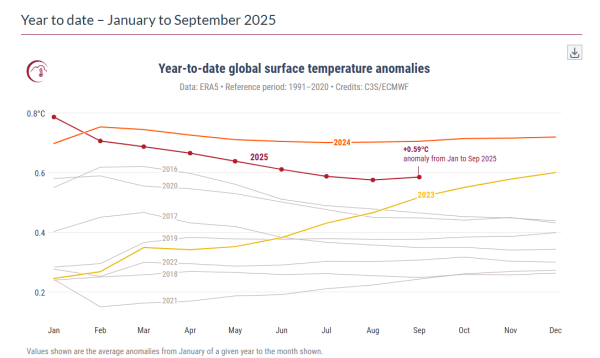 各年の月ごとの気温の状況比較(「濃い赤」が2025年)