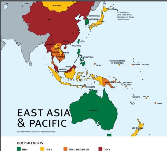 東アジア・太平洋地域での各国評価。緑が「Tier1」、日本は「Tier2」、中国・北朝鮮は「Tier3」